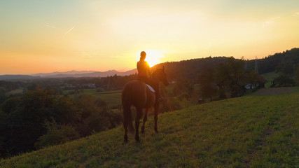 AERIAL: Flying around unrecognizable girl sitting on horse and observing sunset.