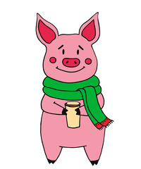 Cool. Hand drawn cute Pig. New year of pig 2019 symbol