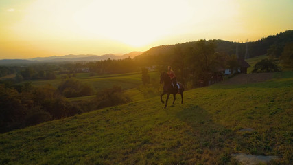 Naklejka na ściany i meble AERIAL: Golden sunset shines on carefree girl riding her energetic brown horse.