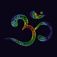 Hand drawn Ohm symbol, indian Diwali spiritual sign Om with high details isolated. Vector monochrome sketch.
