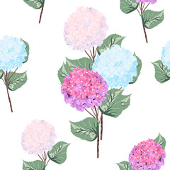 Seamless pattern of hydrangea flowers on white background. Can be used as wedding element, floral design, greeting cards. 