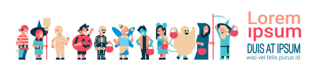 Cute kids wear monsters costume happy halloween concept party celebration isolated horizontal banner copy space flat vector illustration