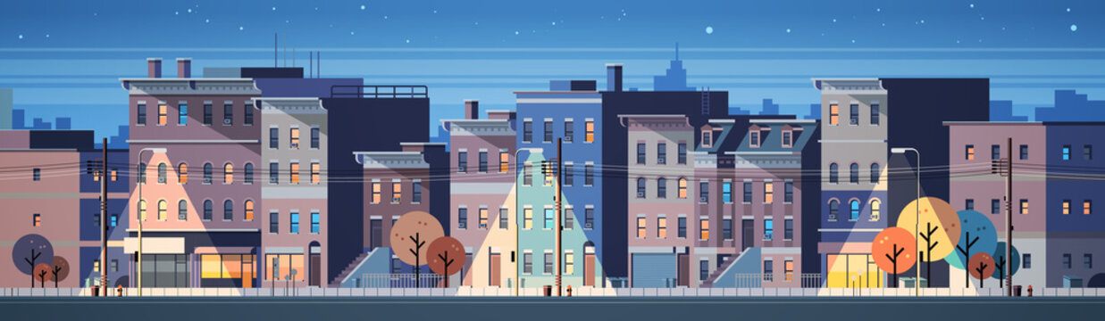 city building houses night view skyline background real estate cute town concept horizontal banner flat vector illustration
