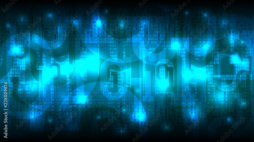 Poster abstract futuristic glowing cyberspace with binary code, matrix blue background with digits, cloud o