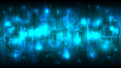 Abstract futuristic glowing cyberspace with binary code, matrix blue background with digits, cloud of big data