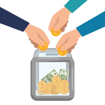 hand donating in box bills and coins