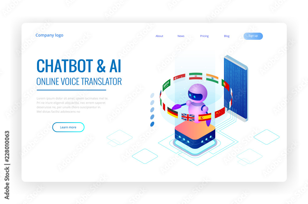 Poster isometric online language learning with artificial intelligence or science teacher bot concept. onli