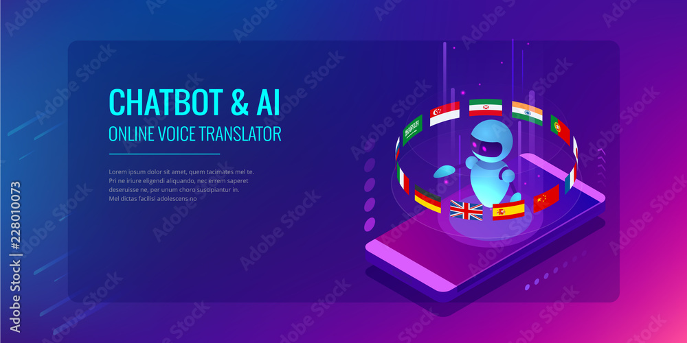 Poster isometric online language learning with artificial intelligence or science teacher bot concept. onli