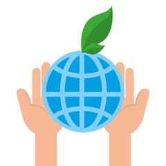 hands lifting planet sphere with leafs plant