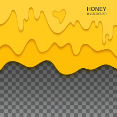 Fresh melting dripping honey drops on transparent background made in paper cut style. Isolated vector illustration.