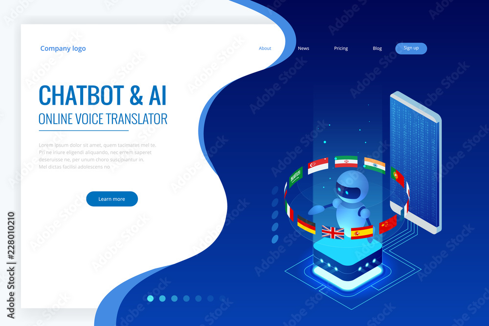 Poster isometric online language learning with artificial intelligence or science teacher bot concept. onli