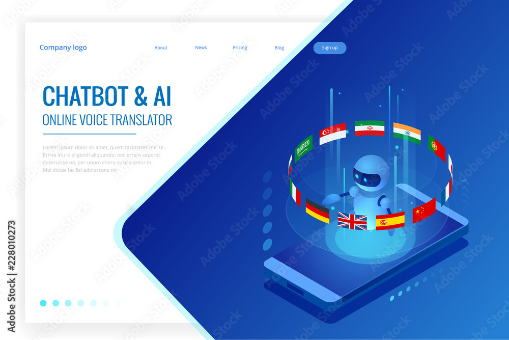 Poster isometric online language learning with artificial intelligence or science teacher bot concept. onli