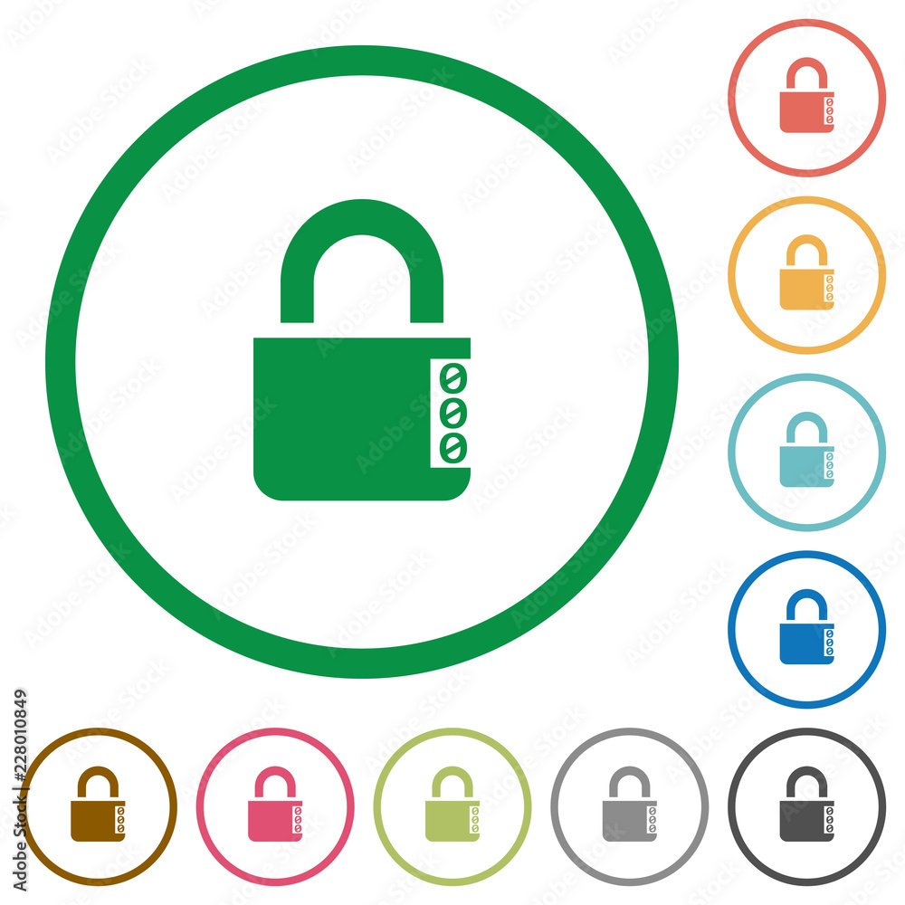 Poster locked combination lock with side numbers flat icons with outlines