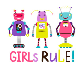 Girls rule cute robot kids t-shirt design, vector illustration