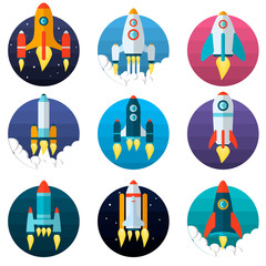 Fototapeta premium Set of different types of rocket. Technological ships. Cartoon design.