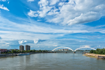 Obraz premium Novi Sad, Serbia - June 25, 2018: Zezelj bridge over Danube in Novi Sad 