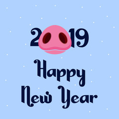 Vector cartoon illustration, Happy New Year 2019 funny card design with cartoon pigs face