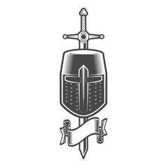 Sword and helmet of a medieval crusader knight with ribbon in monochrome style isolated vector illustration
