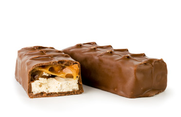 Chocolate Snickers and half close - up on a white. Isolated