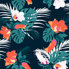 Seamless tropical pattern, vivid tropic foliage, with palm monstera leaves, tropical white and orange hibiscus flower in bloom. Vintage blue background.
