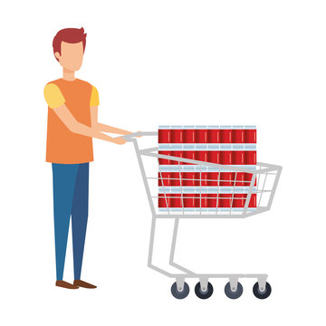 man with supermarket shopping cart and sodas