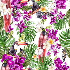 Beautiful watercolor pattern with orchid flowers, tropical leaves and birds. © knopazyzy