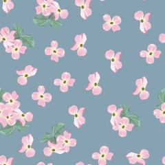 Spring pink flowers seamless pattern. Watercolor style floral background for wedding invitation, fabric, wallpaper, print. Botanical texture. Vintage blue background.