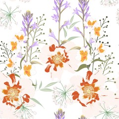 Trendy Floral pattern with orange peony and violet bels flowers. Wild flowers Motives.  Printing in hand drawn style on the white background.