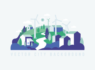 Eco City landscape with buildings, hills and trees. Landscape with windmills. Vector ecology illustration in minimal geometric flat style. Abstract green city lable, logo, covers. Green energy