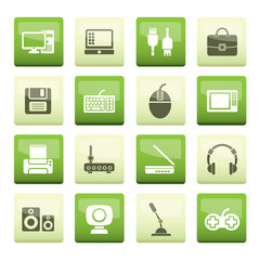 Computer equipment and periphery icons over green background - vector icon set