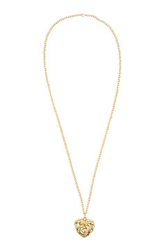 Heart shaped gold necklace on white background