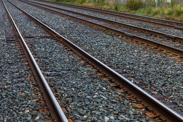Fototapeta premium Mississauga, CANADA - October 15, 2018: Urban Train tracks edged by trees leading off into the distance