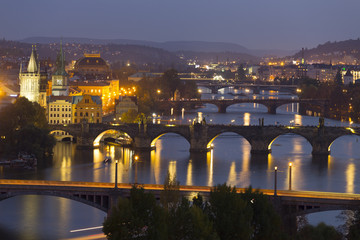 Night Prague City with its Cathedrals, Towers and Bridges, Czech Republic