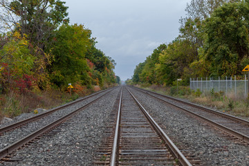 Fototapeta na wymiar Mississauga, CANADA - October 15, 2018: Urban Train tracks edged by trees leading off into the distance