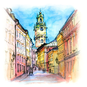 Watercolor sketch of Church of Stockholm Cathedral in Gamla Stan, Old Town of Stockholm, the capital of Sweden