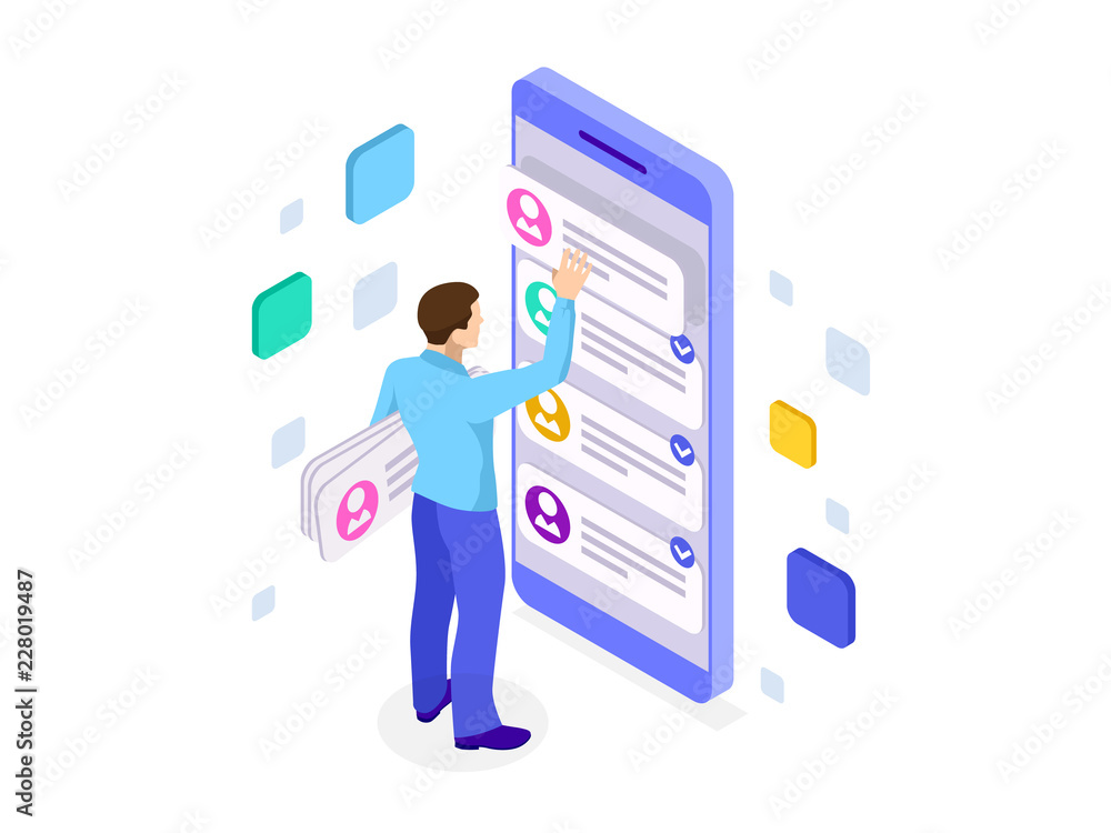 Poster isometric ux app development and holding smartphone. user experience. website design and development