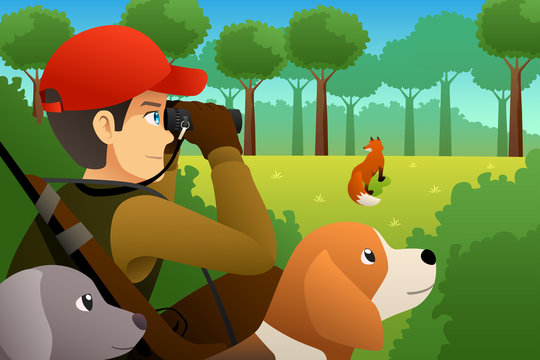 Hunter With His Dog Hunting a Fox