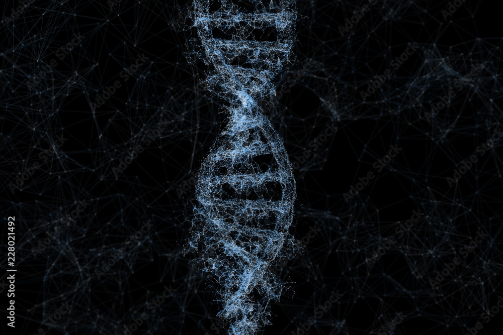 Poster 3d rendering, dna with emanative lines background
