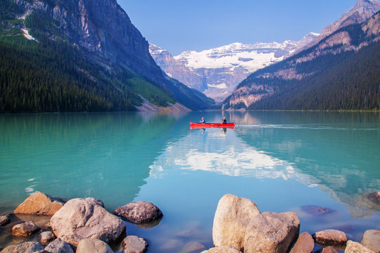 Red Canoe On Lake Louise