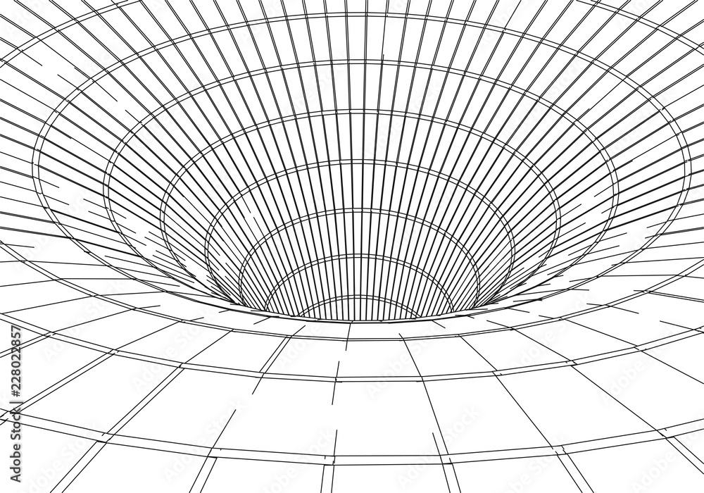 Poster tunnel or wormhole. digital 3d wireframe tunnel. 3d tunnel grid. network cyber technology. surrealis
