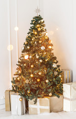 Holiday decorated room with Christmas tree and decoration, backgroound with blurred, sparking, glowing light. Happy New Year