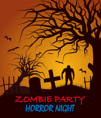 Zombie tree grave. Colored poster in a dark style for Halloween party