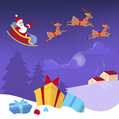 Fototapeta na wymiar Santa flying in sleigh with bag full of gifts