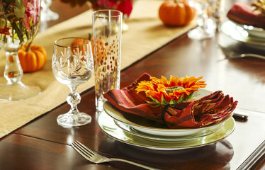 Thanksgiving table setting. Autumn table setting with small pumpkins