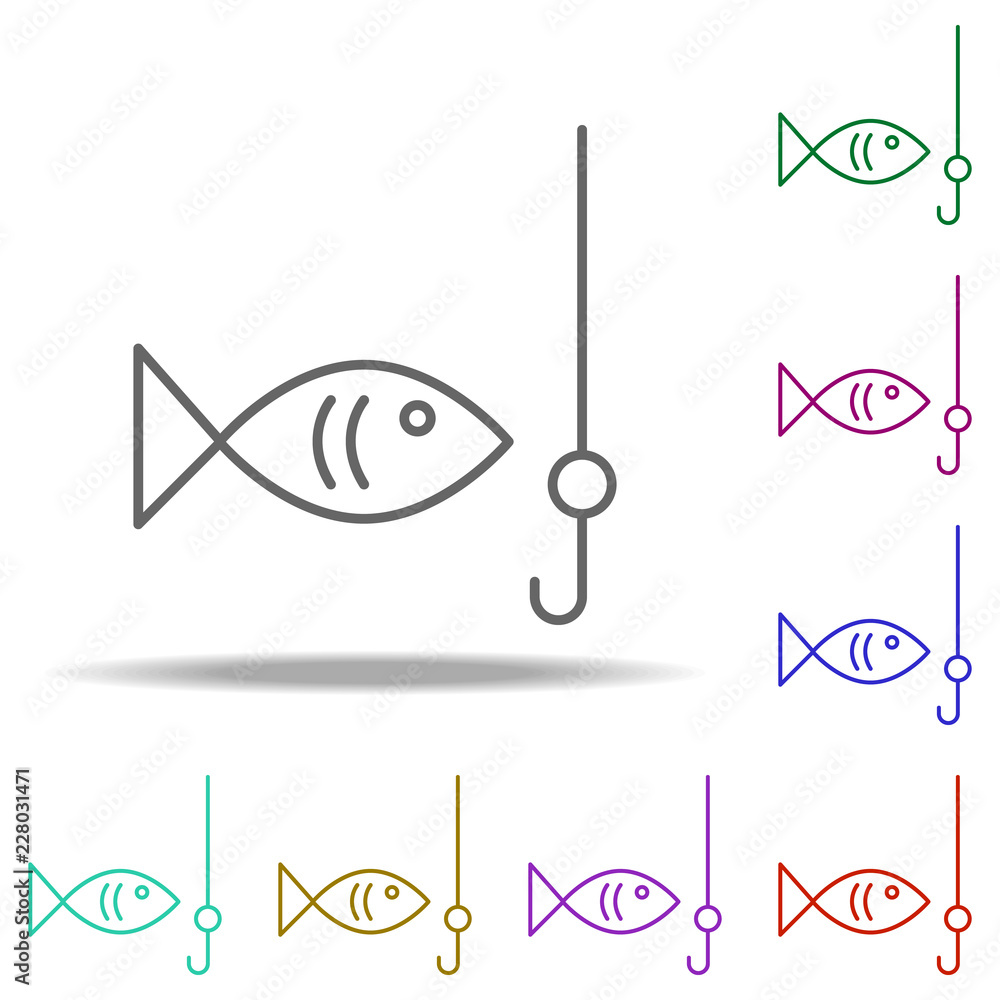 Poster fish and hook outline icon. elements of sport in multi color style icons. simple icon for websites, 