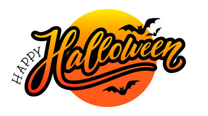 Happy Halloween hand lettered message. Greeting card with moon and flying bats illustration in the background. Vector, eps 10