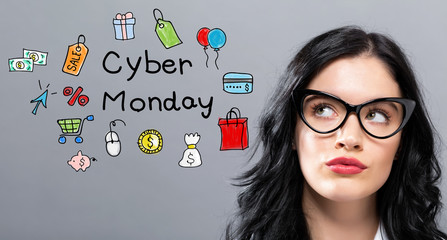 Cyber Monday with young businesswoman in a thoughtful face