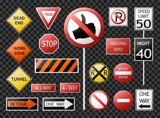 Set of road signs and symbols. Isolated on  transparent background. Vector illustration