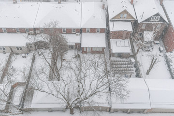 Residential houses and roofs covered with snow in winter snowstorm in Toronto