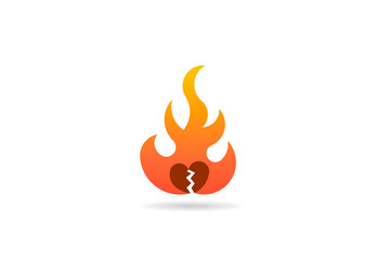 Fire flame with broken heart. Vector Logo Symbol